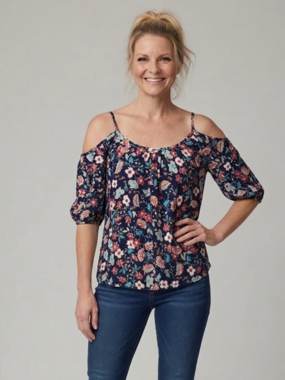 one clothing Navy Floral Cold-Shoulder Blouse